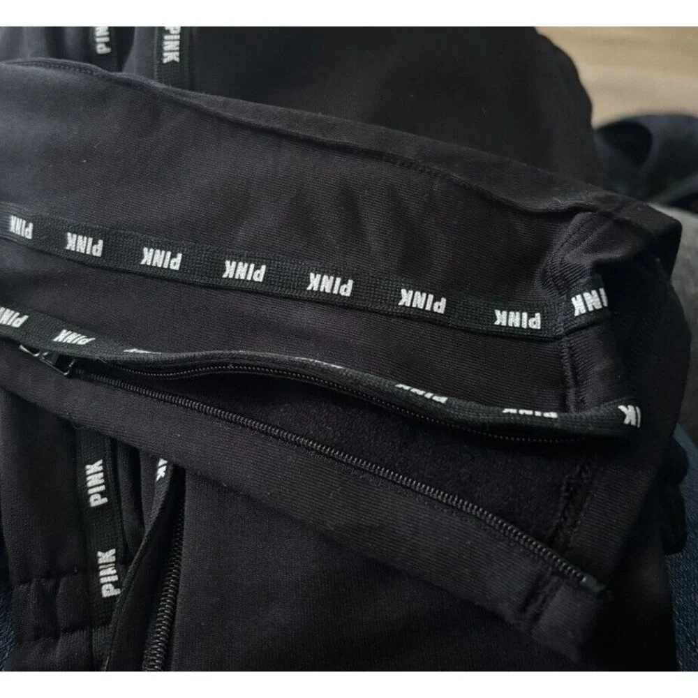 Pink Victoria Secret Tapered Track Pocketed Sweatpants Black Sz M Side Zippers